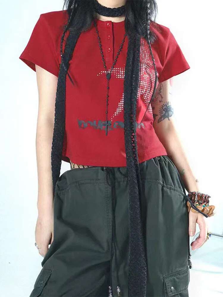 Haruku Crop Top Japanese Style Star Pattern Round Neck Short Sleeve T Shirts Graphic Tee y2k Women Clothes Streetwear