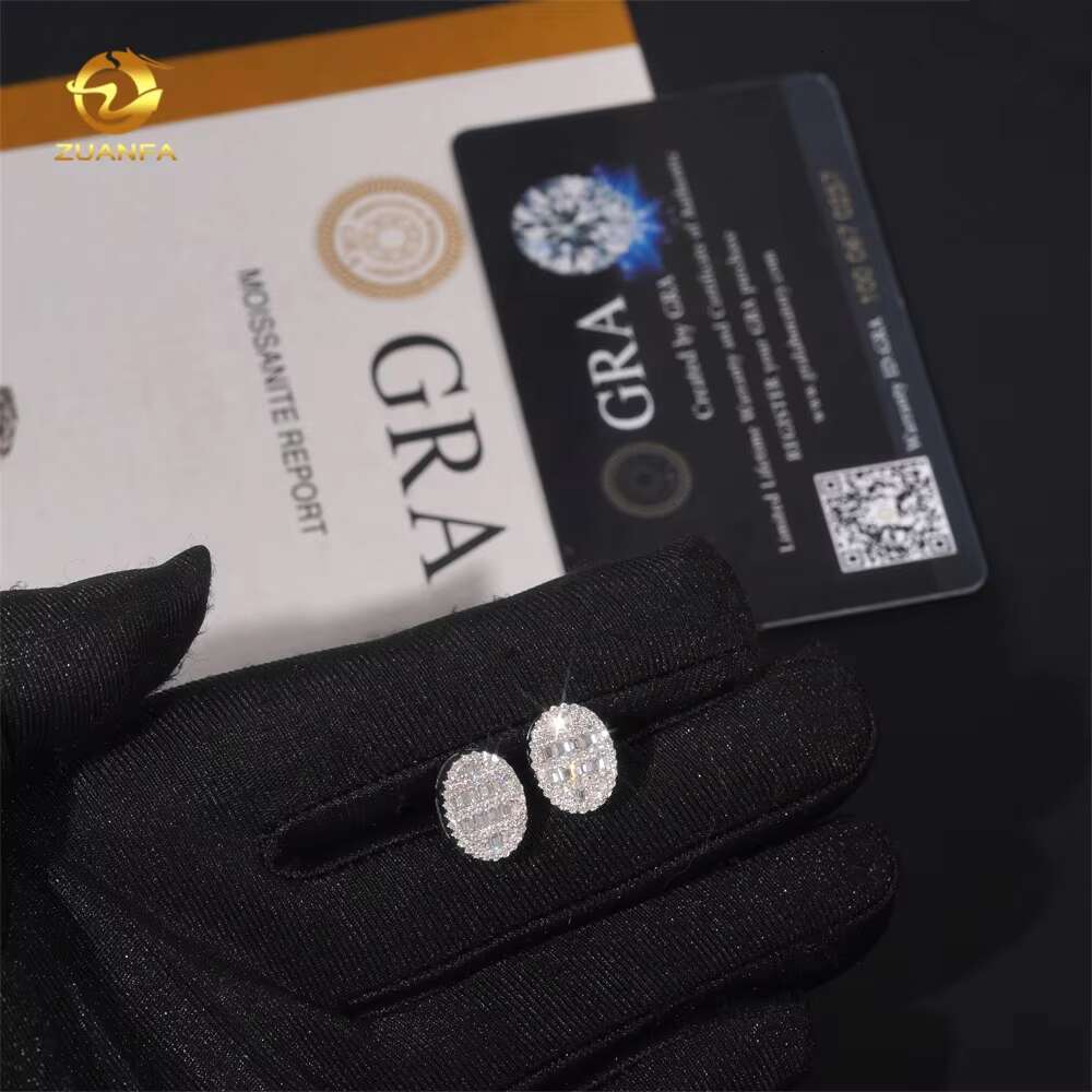 Ready to Ship GRA Certificate Iced Out Diamond Oval Shape 925 Silver Screw Back Men Moissanite Hip Hop Earrings