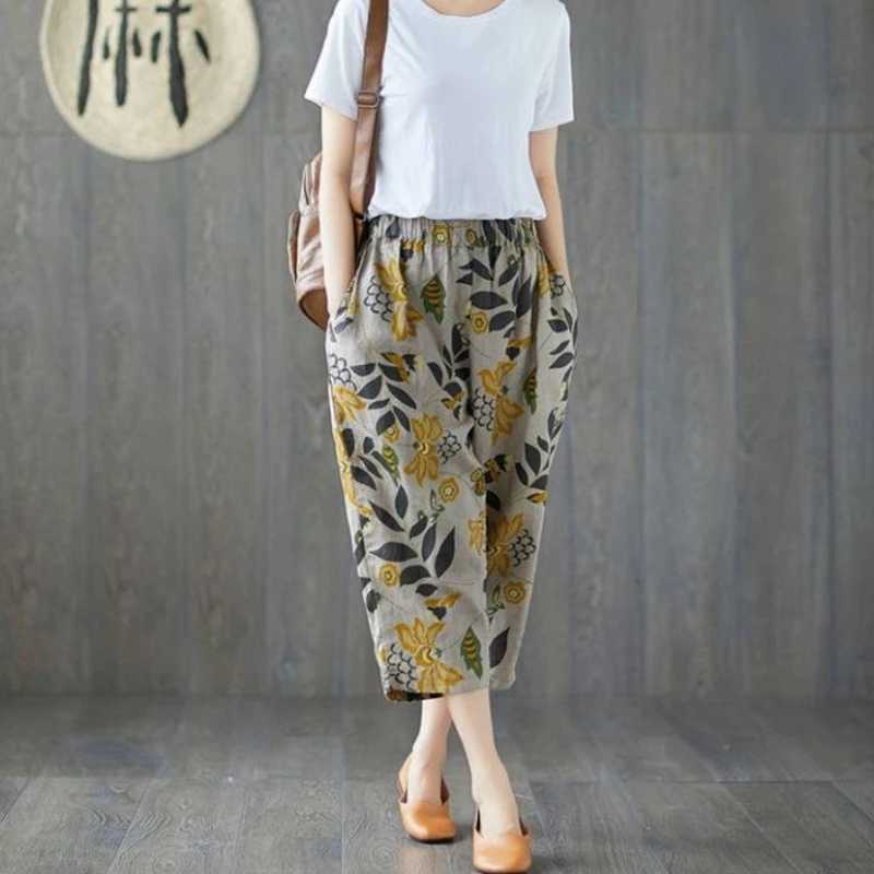 Summer harem pants for women retro fashion printed loose cotton linen pants womens casual wide leg pantsXJ250403