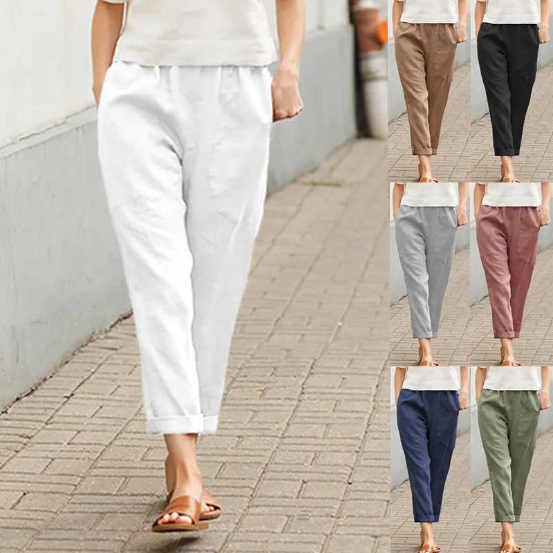 Womens elastic waist pocket pure cotton linen harem pants autumn spring Fe straight three person oversized S-5XL JYFS-HS1023XJ250403