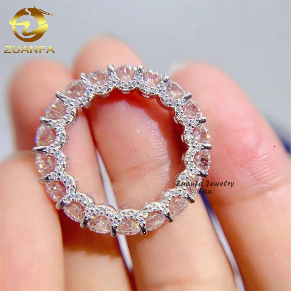 New Arrivals Iced Round 4.0mm Engagement Wedding 925 Silver Eternity Band Moissanite Diamond Ring