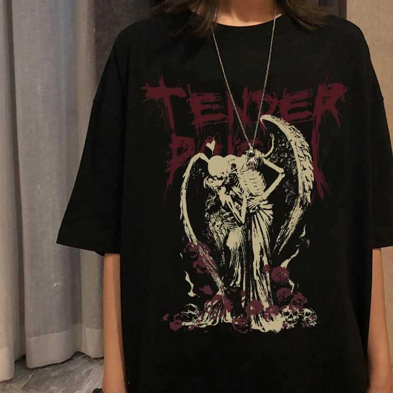 Womens T-shirt Hip Hop Street Clothing Top Gothic Devil Angel Retro Printed T-shirt Womens Summer Punk Oversized T-shirt Casual T-shirtXJ250409