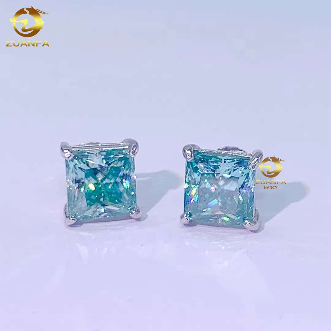 Hip Hop Fashion Jewelry Fast Delivery 925 Sterling Silver Princess Cut Blue Moissanite Screw Back Stud Earring