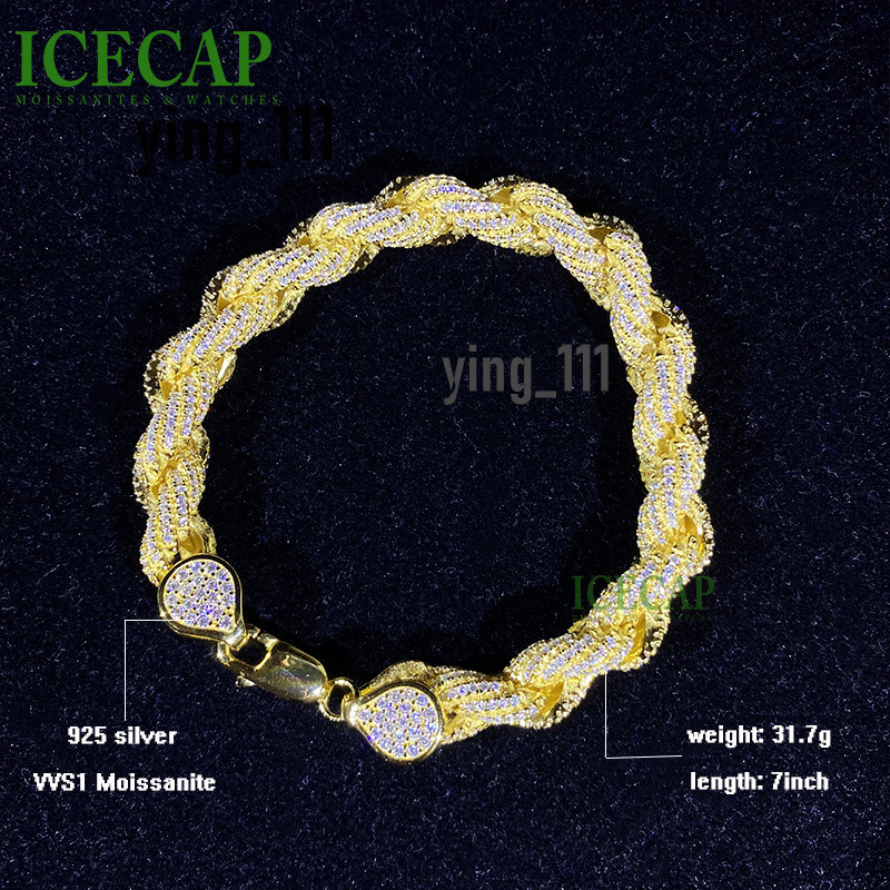 Fine Jewelry Moissante Rope Chain 925 Silver Plated Gold Rope Chain Bracelet VVS Diamond Men Hiphop Bracelet Gift