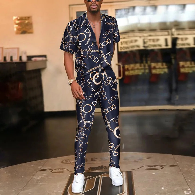 2025 European and American suits summer printed short sleeves t casual pants foreign trade mens suits mens shirts 250408 - view 3
