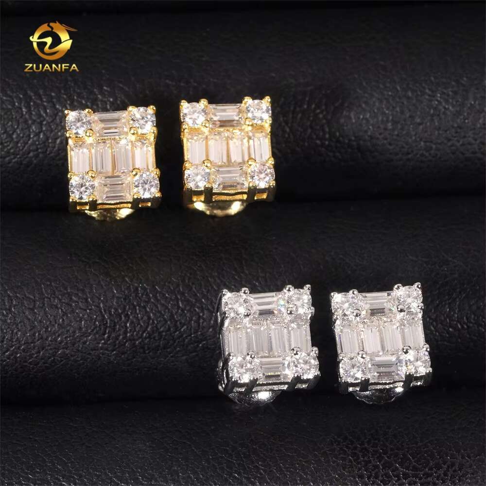 Wholesale Price Factory Directly High Quality Hip Hop Baguette Moissanite Studs 925 Sterling Silver Diamond Earring