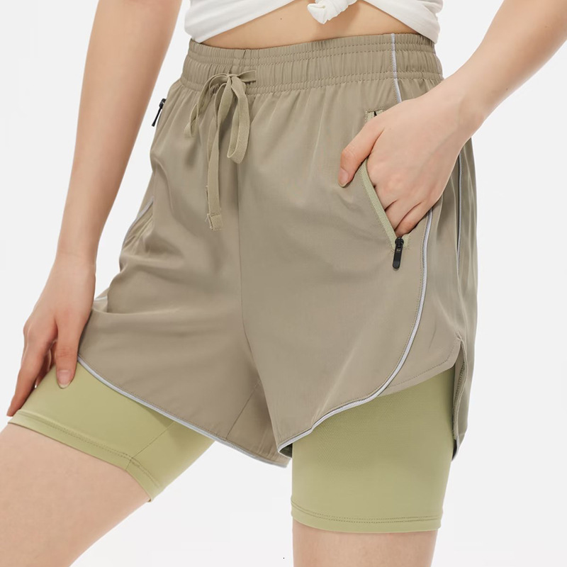 2025S Women s Designer Shorts High Waist Double Layer Sports Quick Drying Running Hot Pants Imitation Two Piece Fitness Pants Bicycle Long Lined Beach