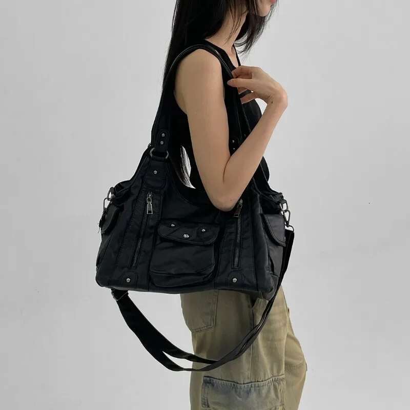 Women's Fashion Washed Distressed Y2k Hot Girl Motorcycle Bag Large Capacity Multi-Pocket Shoulder Crossbody Handbag