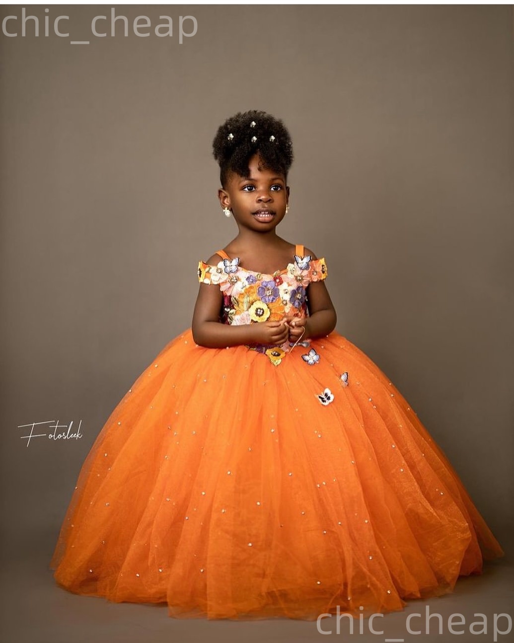 2026 Orange Ball Gown Flower Girl Dresses Applique Crystals Tulle Spaghetti Little Girl Christmas Peageant Birthday Christening Tutu Dress Gowns ZJ427