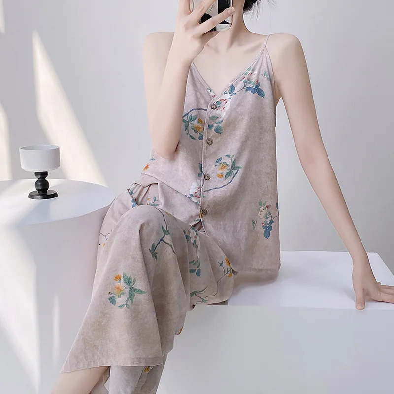 Lightweight y cotton silk pajama set for women spring and autumn pendant twopiece casual wear loose simple solid 250409