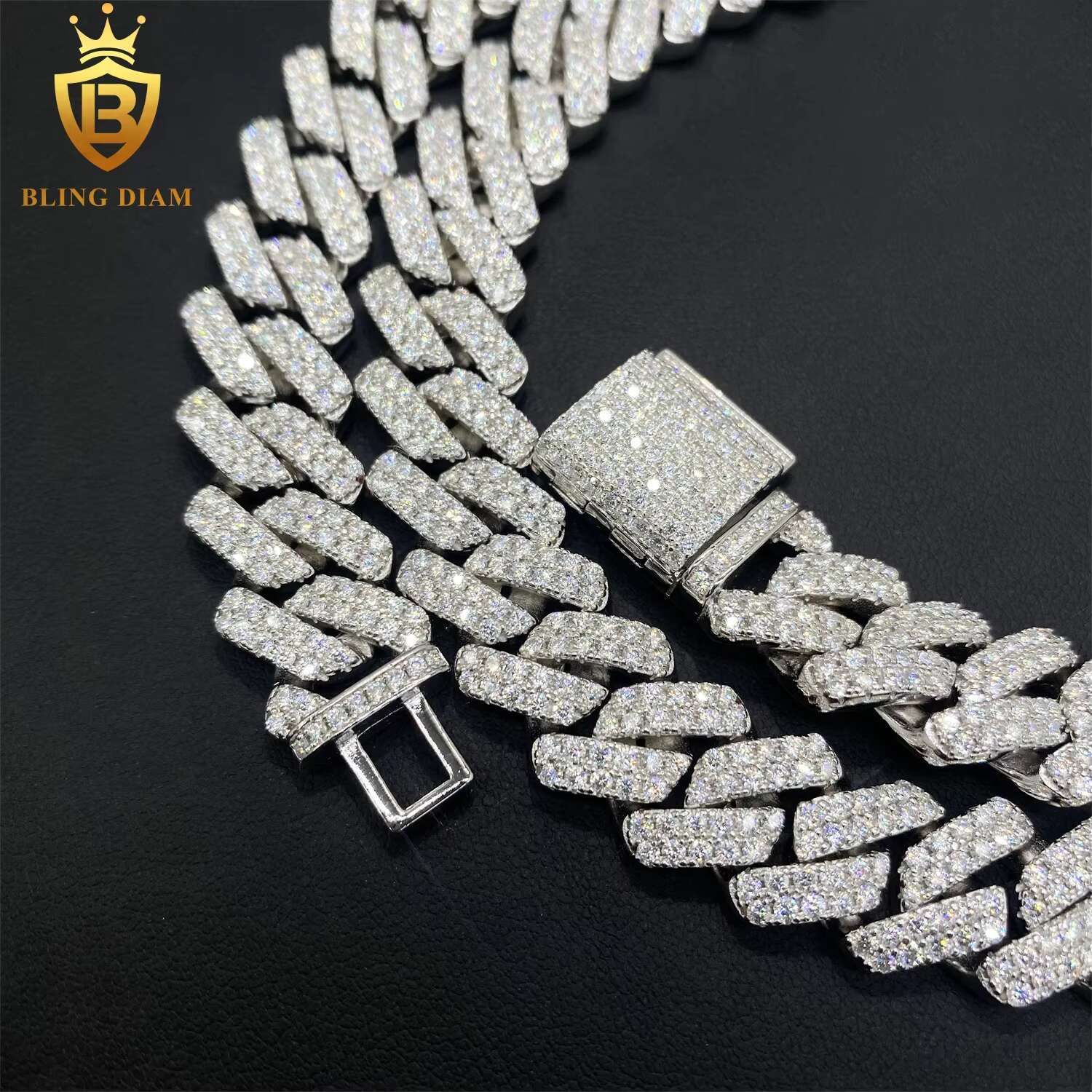 Fashion Male Necklaces 14mm Two Rows Iced Out Hip Hop 925 Sterling Silver VVS Moissanite Miami Cuban Link Chain