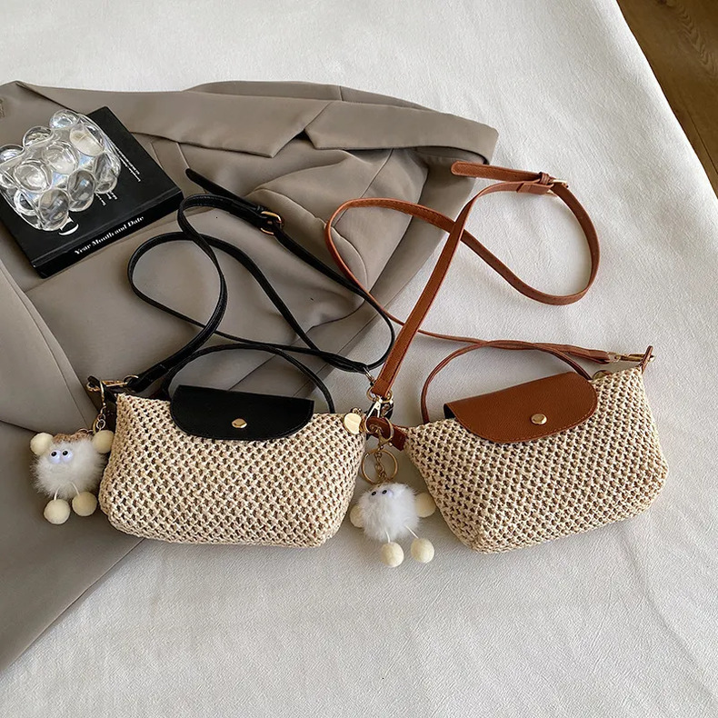 Luxury Brand Designer 2025 Summer New Ins-Style Niche Spliced Woven Bag, Pom-Pom Decor Beach Vacation Mini Handheld Straw Dumpling Women's Bag