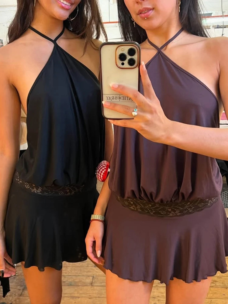 Mozision Halter backless sexy mini dress womens long robe fashionable summer item lace patchwork work sleeve ruffled club 250409