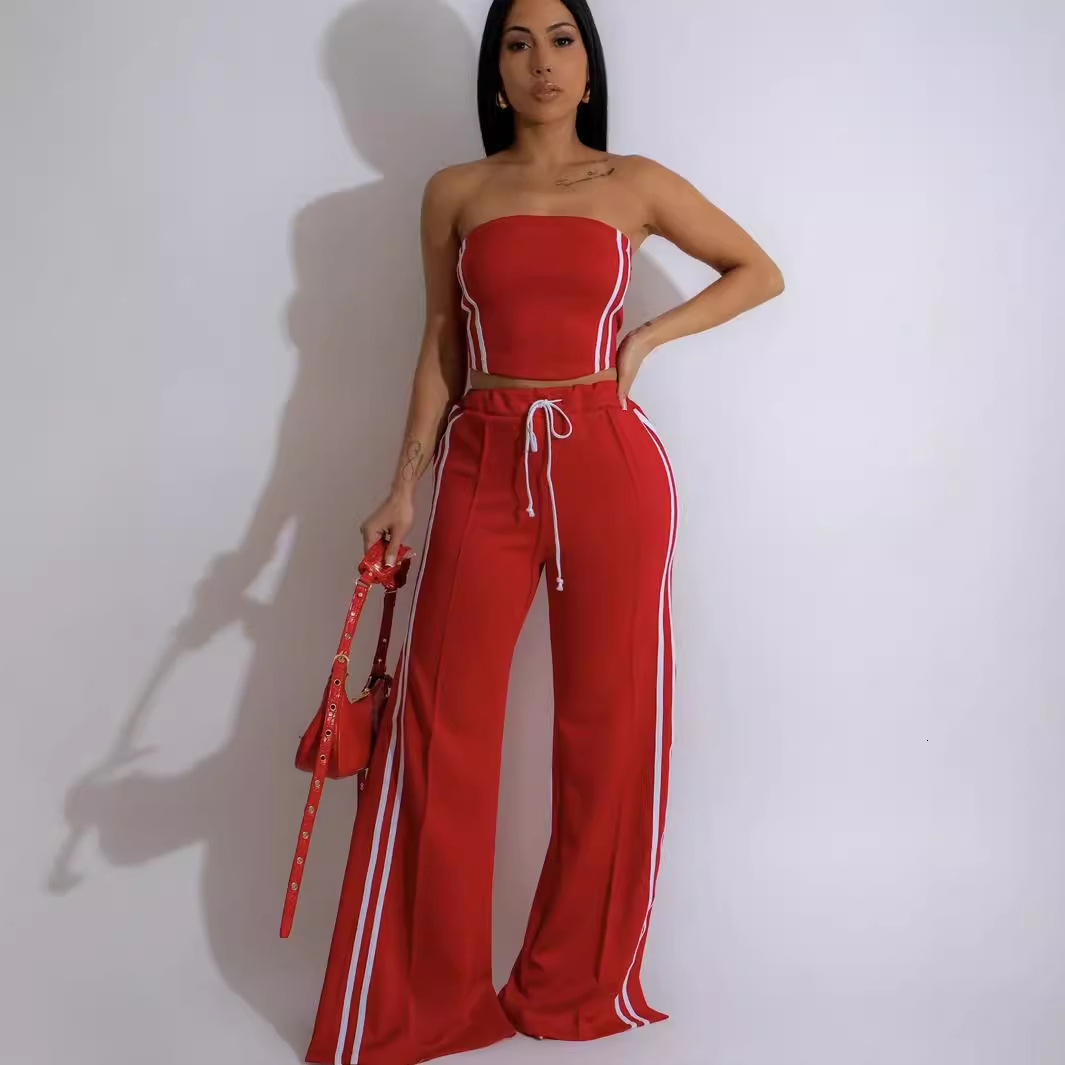2025S Designer Women S Set Summer New Solid Color Stripe Short Fit Sexy Strapless Strap Wide Leg Pants Set
