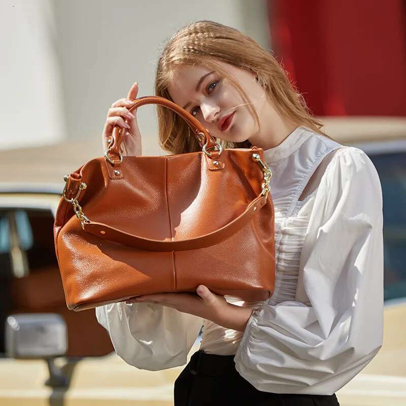 Women's Bag Trend Handbag Genuine Leather Top-Handle Large Capacity Chain Pack Fashion Commute Handbags Solid Color Tote Vintag