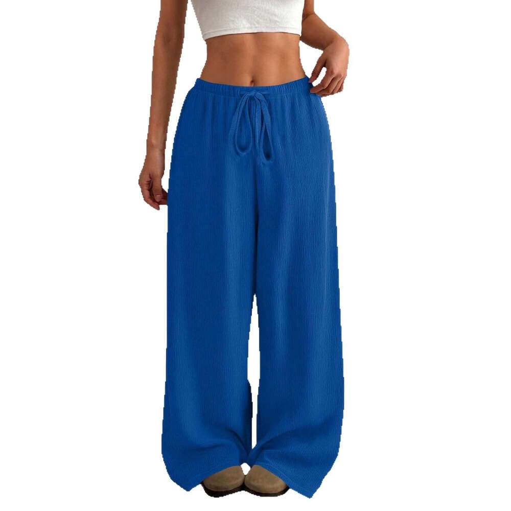 Amazon Cross-Border European And American New Style Women's Solid Color Loose Bark Wrinkle Draped Waist Drawstring Wide-Leg Casual Long Pants aef