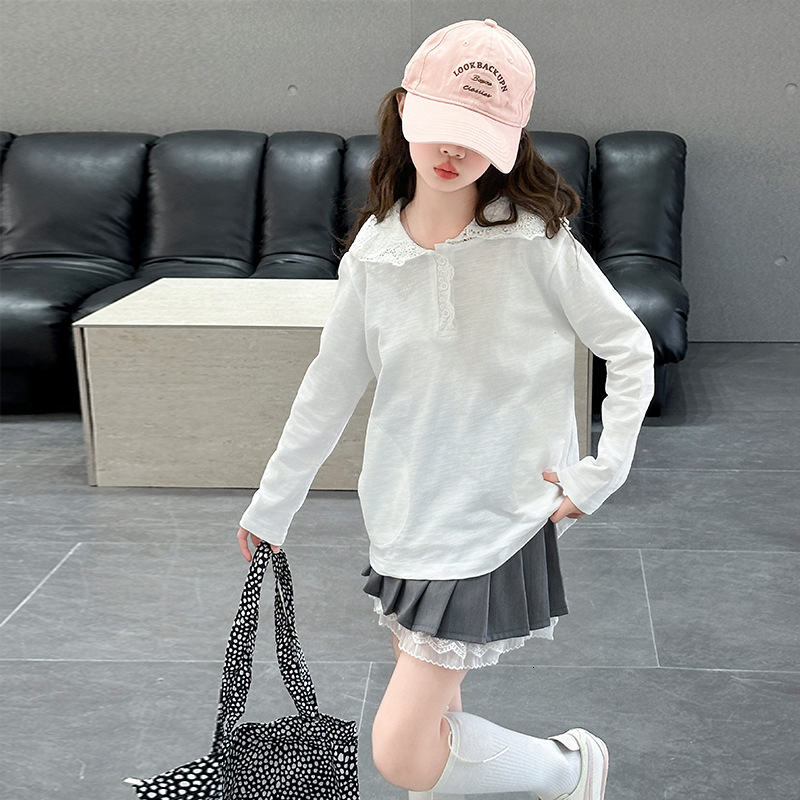 Ddmyshoesvip Girls Base Shirt Spring Outfit Korean Style Versatile Girls Hooded Lace Long Sleeved T Shirt Children S Casual Top