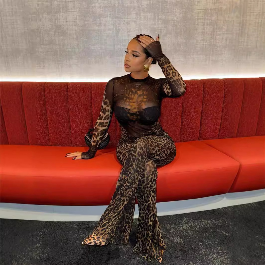 2025S Designer Women S Set Summer New Mesh Perspective Sexy Hot Girl Long Sleeve Top Pants Leopard Pattern Set