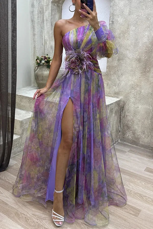Summer Mesh Womens Evening Dress Single Shoulder Split Elegant Long Fashion Party Club Ms Vestodos 250409