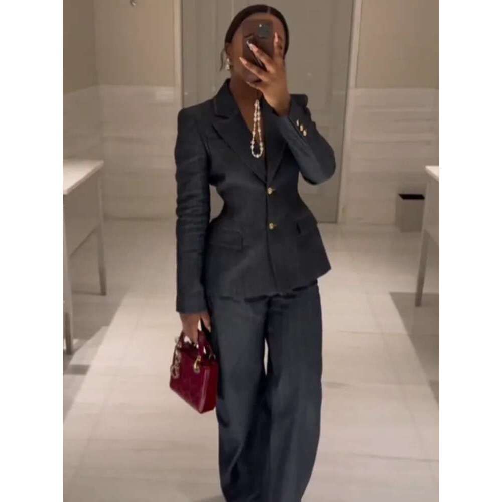 Designer clothing Elegant 3 Pieces Denim Blazer Long Sets For Women Spring Single Breasted Suit Jacket Chic V-neck Vest Wide Leg Pants Suits