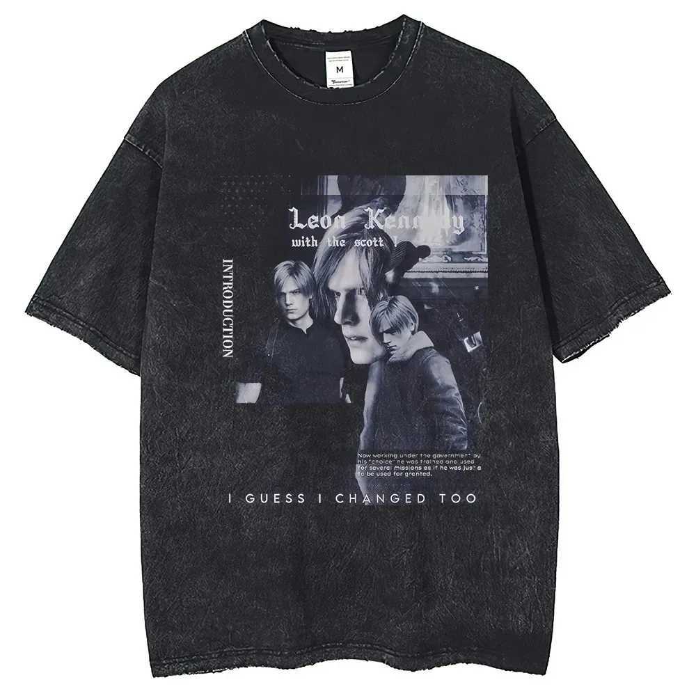 Leon S Kennedy portrait printed short sleeved shirt 2024 Harajuku summer retro wash 250G cotton mens loose round NXJ250409