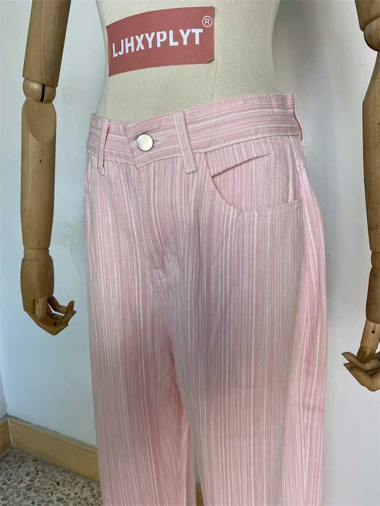 Womens Pink Vertical Stripe Straight Thin Pants Sweet Girl High Waist Street Clothing Fashion Fe Casual Wide Leg TrouserXJ250403