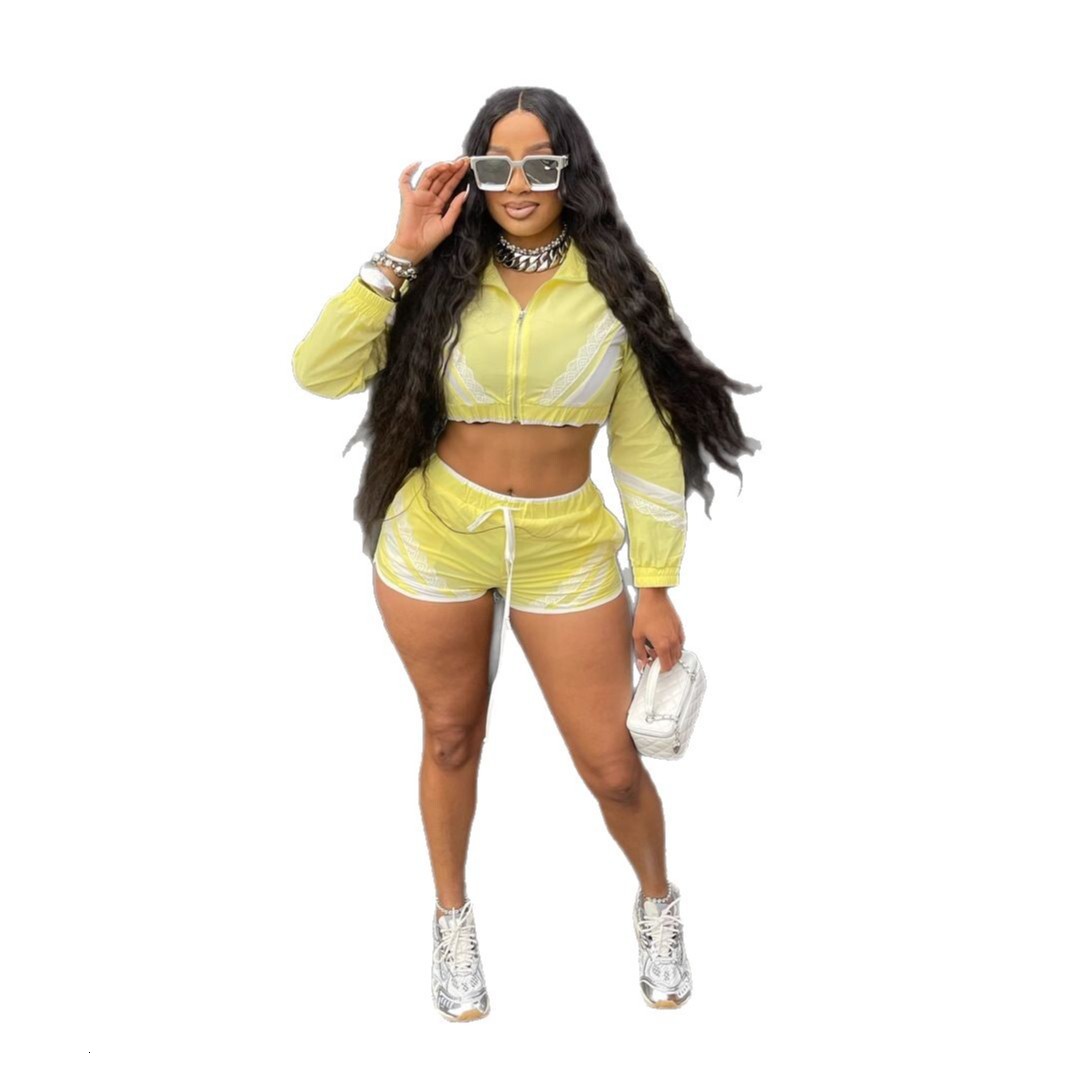 2025S Designer Women s Set Summer Sports Style Solid Color Open Umbilical Zipper Long Sleeve Top with Strap Up Waist Shorts Set