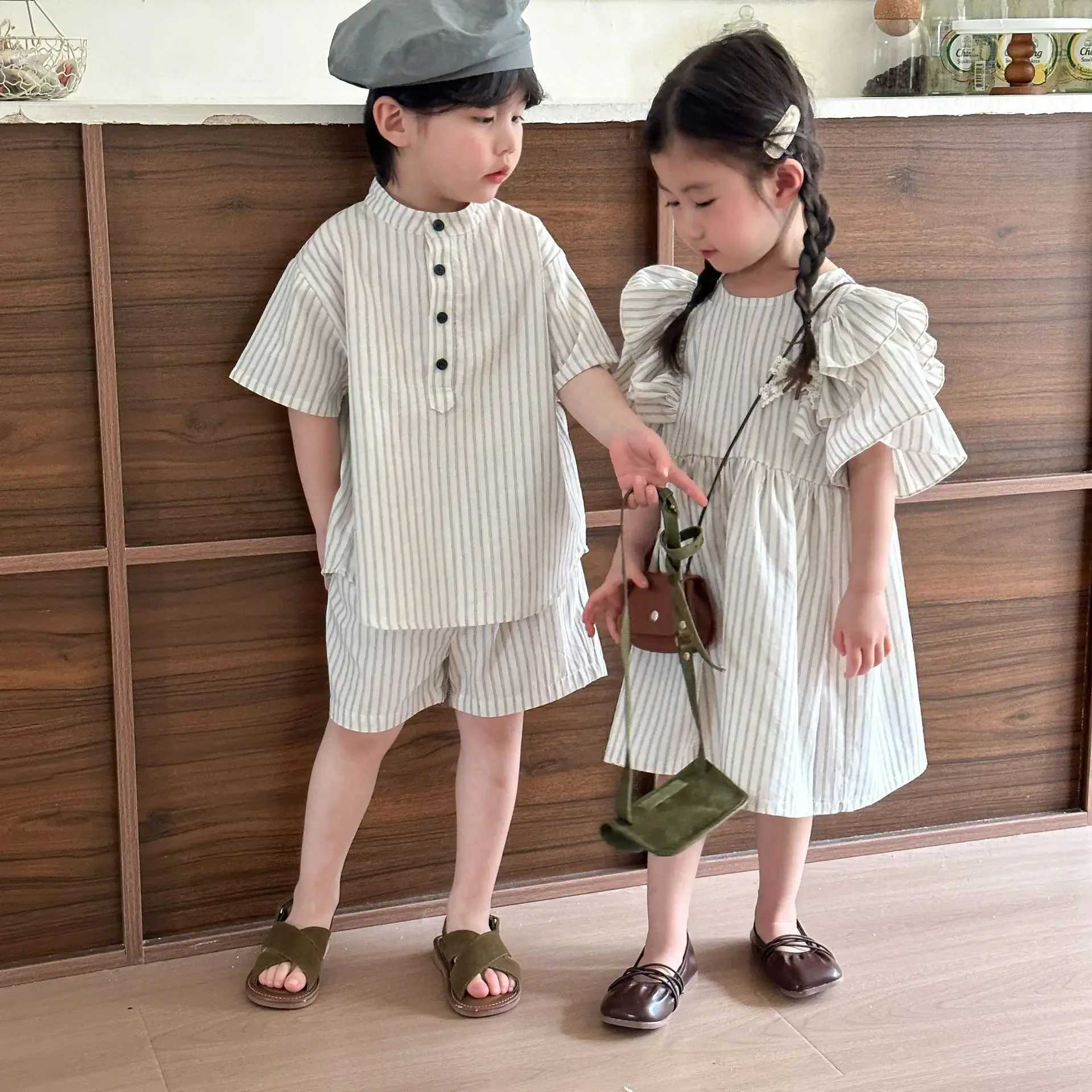 Childrens Matching Set Baby Boys 2-Piece Set Girls Pleated Dress Stripe Printed Childrens Clothing Set sisters Brother Cotton Clothing S2548