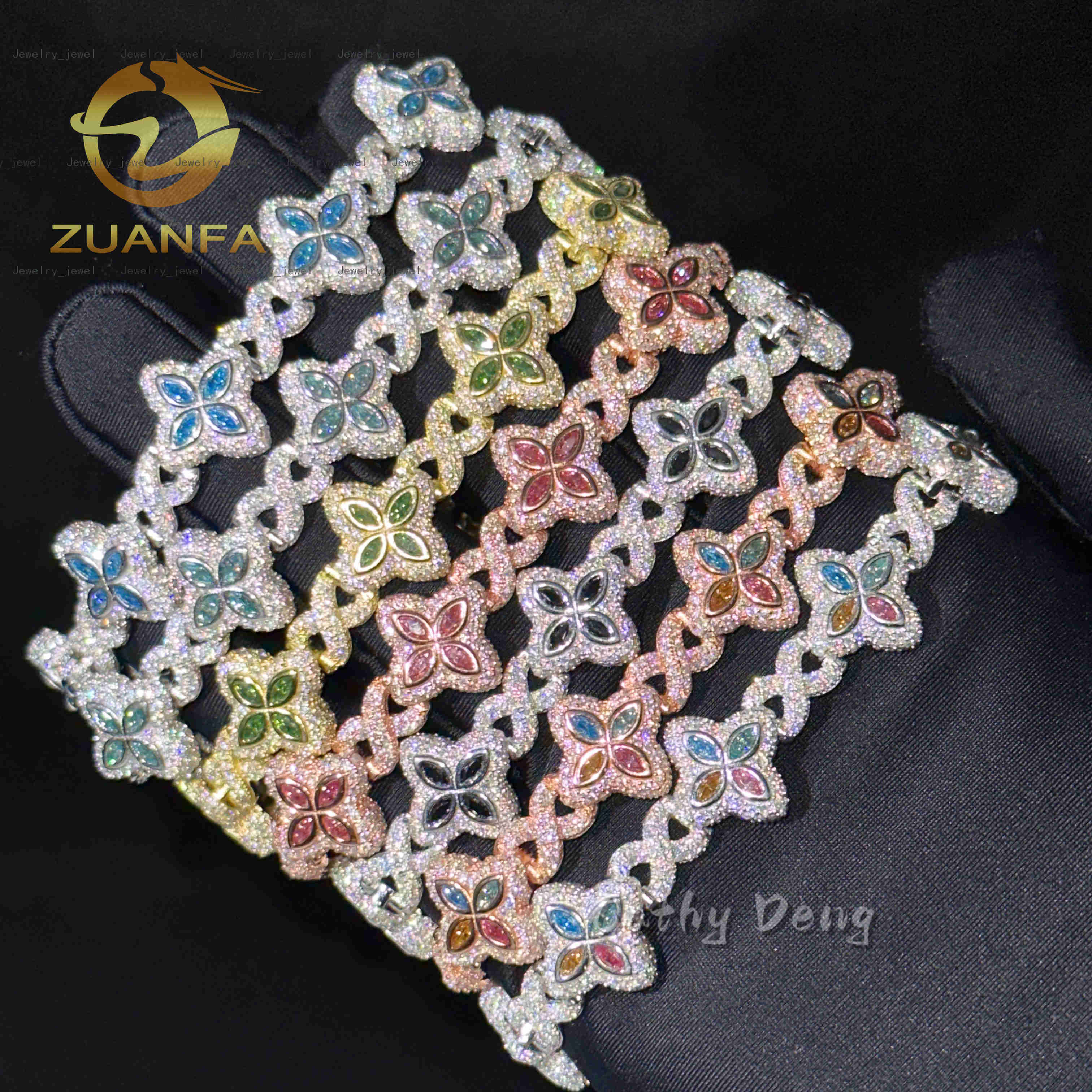 New 15mm Marquise Flower Design Hip Hop Jewelry Iced Out Unisex Moissanite Cuban Link Chain 925 Silver Moissanite Bracelet