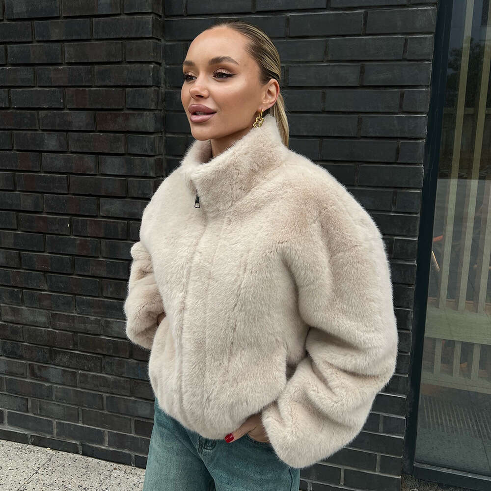 Stand Collar 2025 Autumn Winter New Zipper Warm Plush Jacket for Women cape real fur