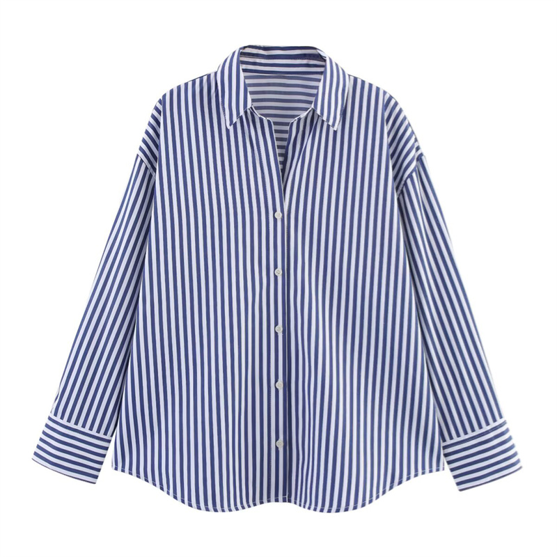 2025 Spring/Summer New Product Women's Fashion Stripe Versatile Collar Long Sleeve Shirt Collar Buckle Decoration