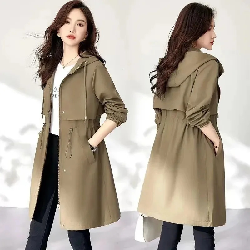 Spring and summer womens zipper windproof cover ultrathin hooded jacket solid color casual medium long trench coat 250409