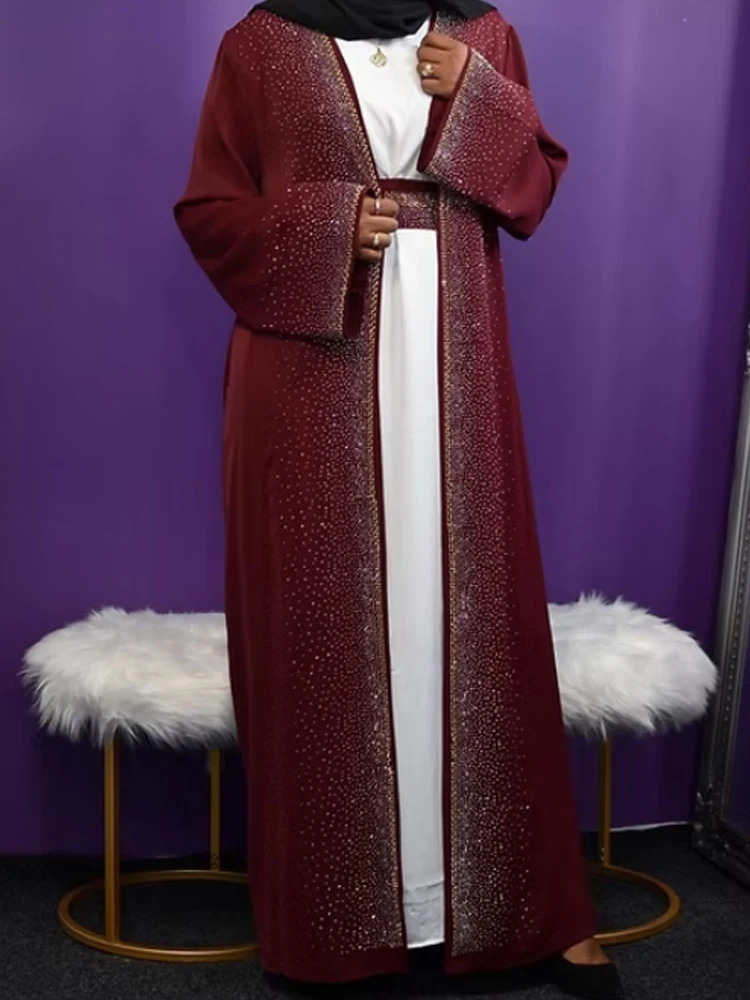 selling Ramadan Rhinestone Open Fleece Islamic Dress with Pocket Ka Muslim Kimono Abaya Dubai Humble Clothing Womens EID 250409