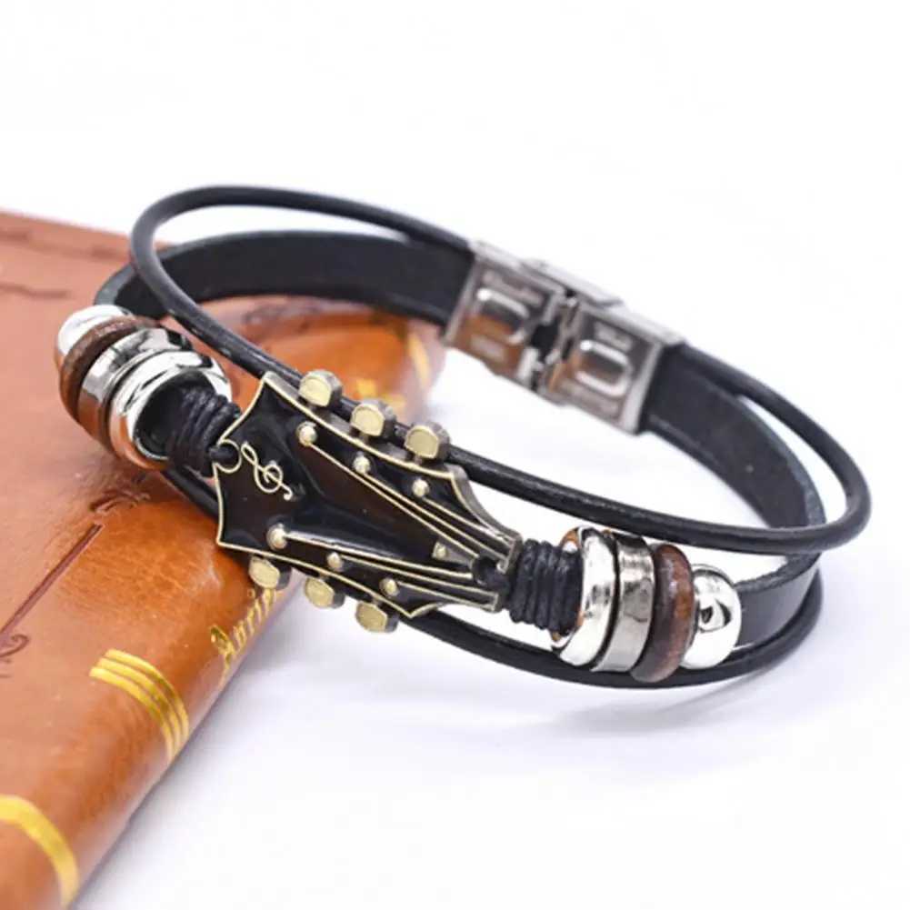 Braided Guitar Bracelet Zinc Alloy Adjustable Buckle Manual Woven Faux Leather 3-layered Retro Punk Wrist JewelryC250408