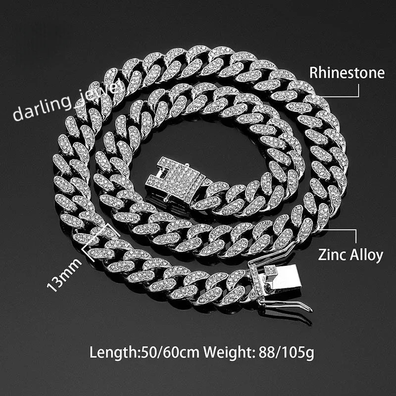 Hip Hop Shiny 13MM Cuban Link Chain Necklace/Bracelet Silver Color Rhinestone Iced Out Cuban Chain Punk Jewelry Necklace Gift
