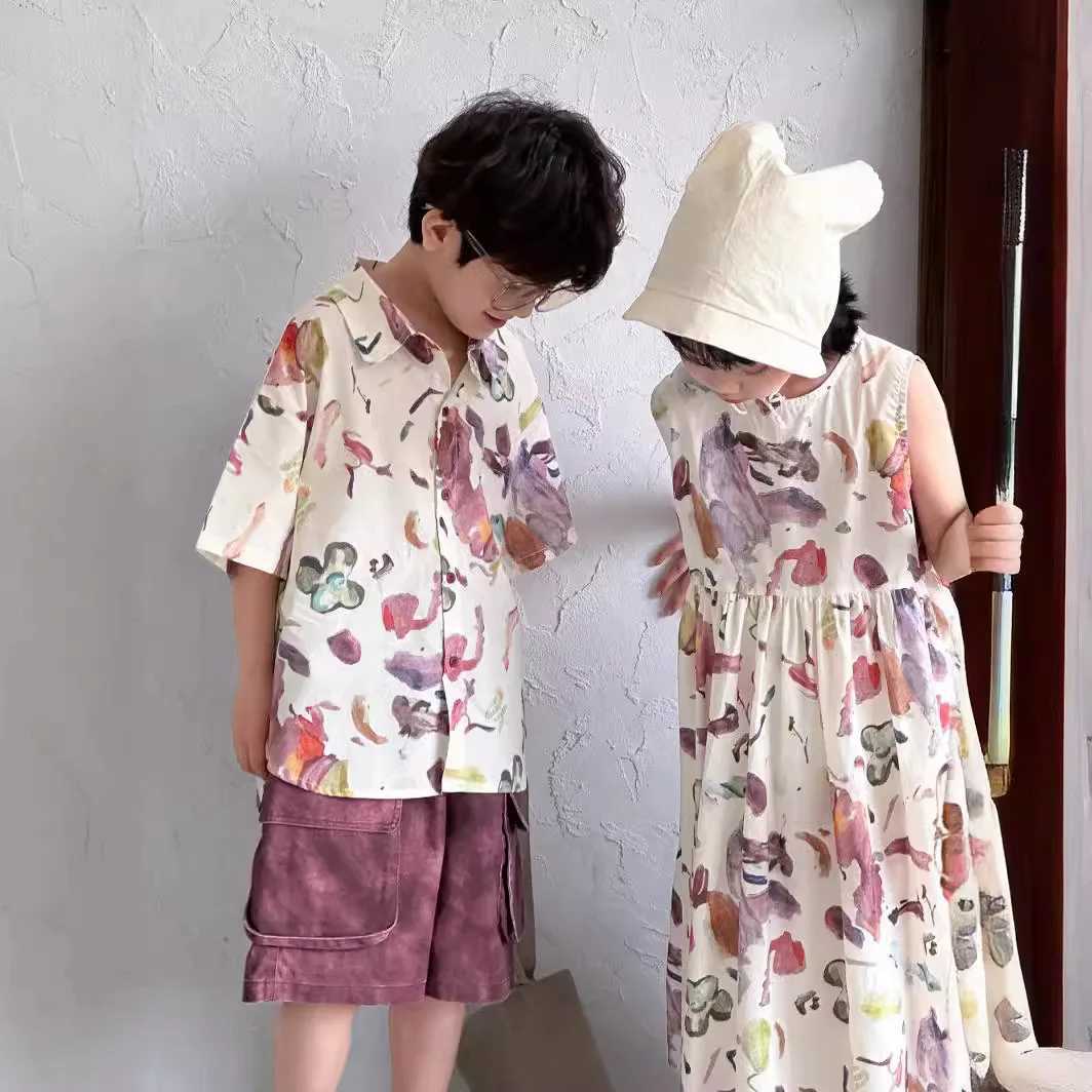 22215 Brothers and sisters Clothing 2024 Summer New Collar Graffiti Baby Boys Short Sleeve Shirt Casual Girls Dress S2548