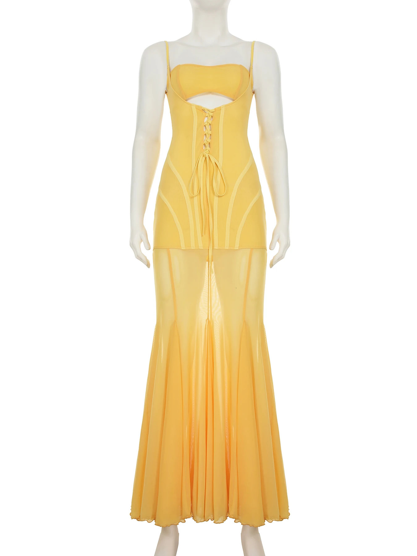 IAMSURE Holiday Hollow Horn Dress Beach Style See Through Sexy Slim Slant Neck Sleeveless Womens Long 250409