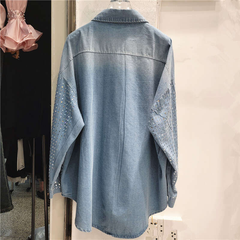 Korean style light luxury high-end autumn 2024, new blue crystal rhinestone polo collar shirt for women