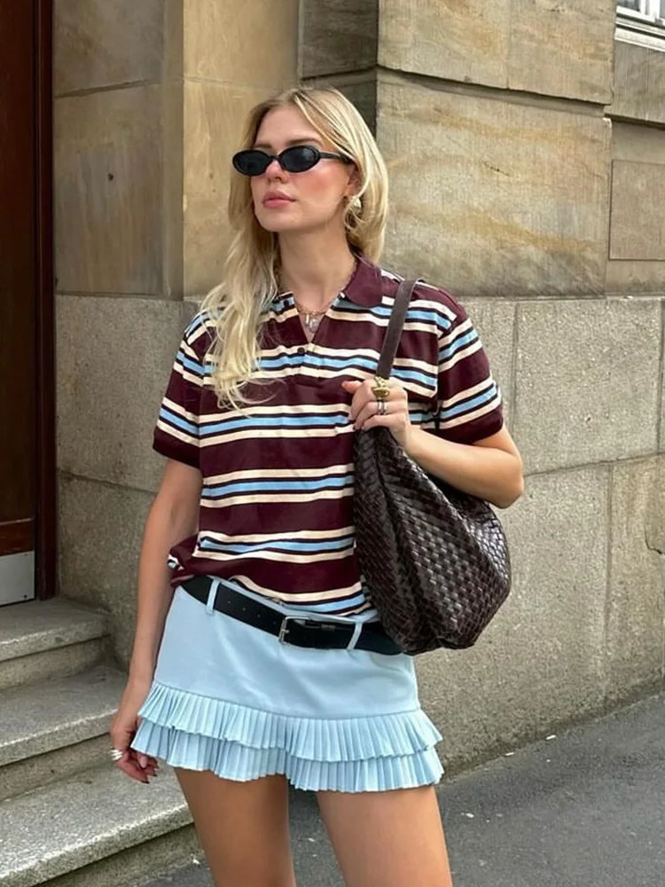 Foridol Burgundy Striped Casual Women T-shirt Summer Loose Polo Shirts Buttons Female Tops Blouse White Tops Spring Shirt 250408