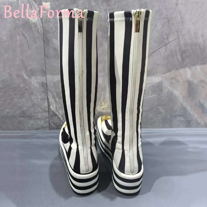 Women's Platform Gold Toe Creative Fashion Boots Striped Sheepskin Thick Sole Waterproof Zipper Ing Elastic Design Trend
