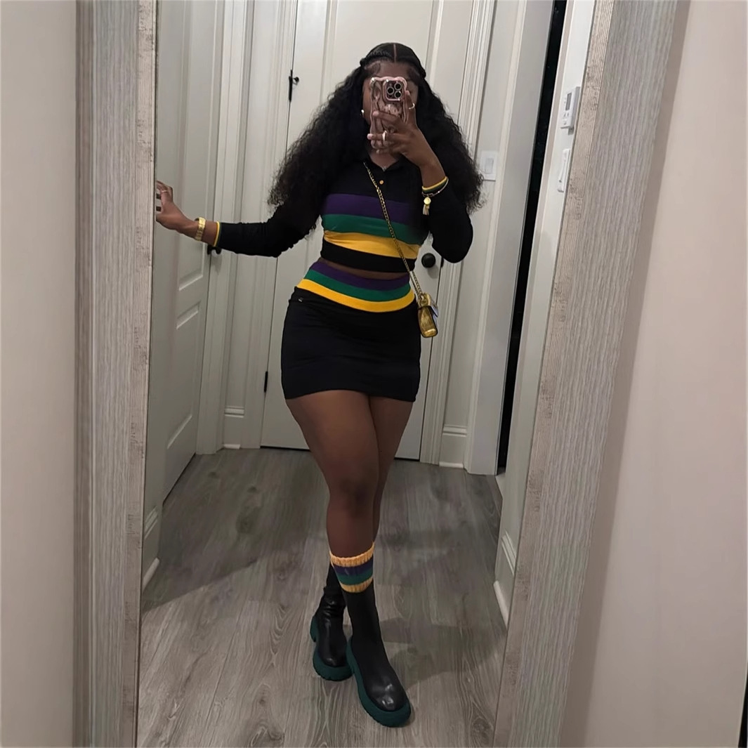 2025S Designer Women S New Fashion Striped Contrasting Slim Fit Sexy Spicy Girl Lapel Top Hip Hing Short Skirt Set