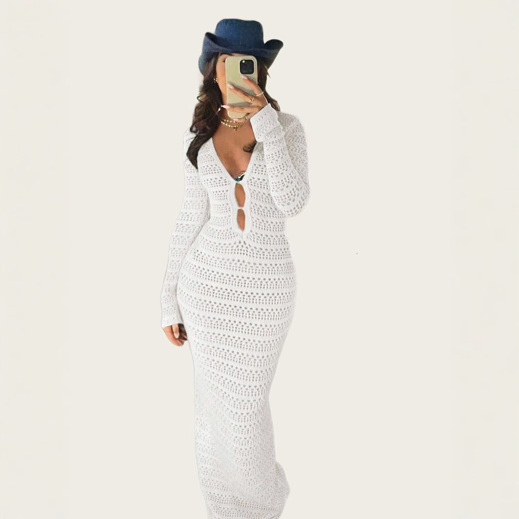 New Knitted Long Sleeve Beach Skirt Sexy Pure Desire Wind Hollow Leisure Seaside Vacation Hoodie Dress