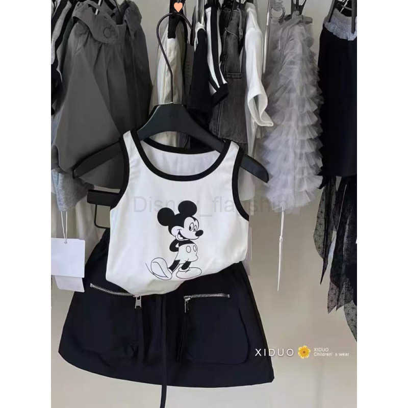 Disney Childrens clothing girls summer set new childrens stylish cartoon Mickey color blocked vest zipper pocket workwear half skirtXJ250409