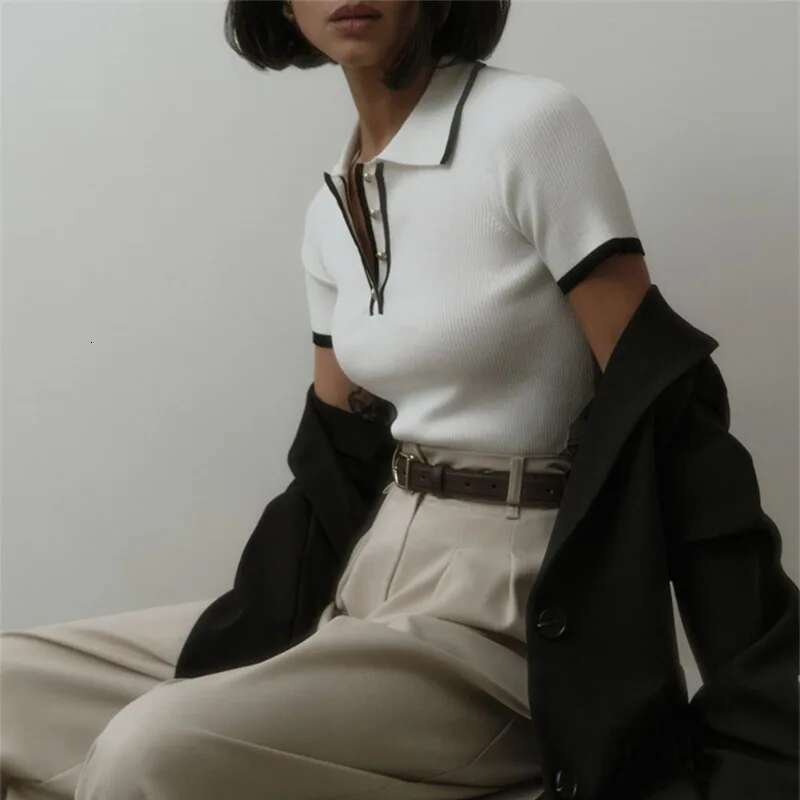 Designer clothing Talenza Women's Fashion Short Sleeve Patchwork Sweater Elegant Slim Contrast Lapel Knitted Pullover Top