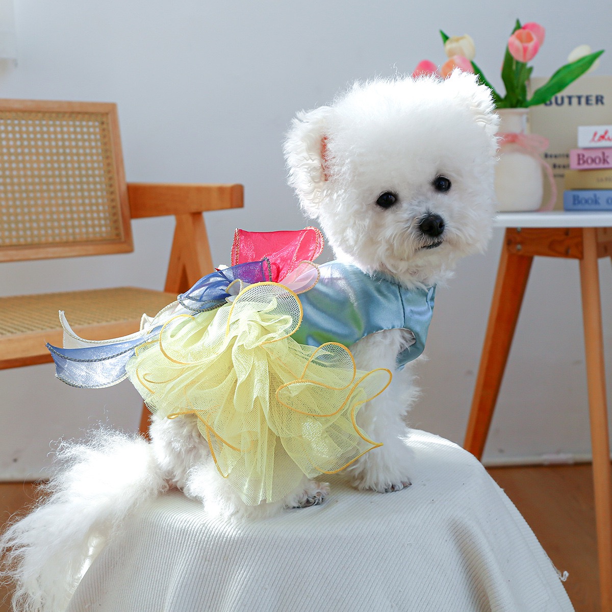 Fancy Dog Dress , Embroidered Dog Wedding Dress, Bow Puppy Clothes for Small pet Girl Multi-Layer Lace Cat Outfit colorful
