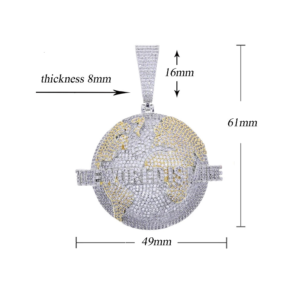 Iced Out Bling Letters The World Is Mine Pendant Necklace Two Tone Color Zircon Map Charm Mens Hip Hop Jewelry 251107