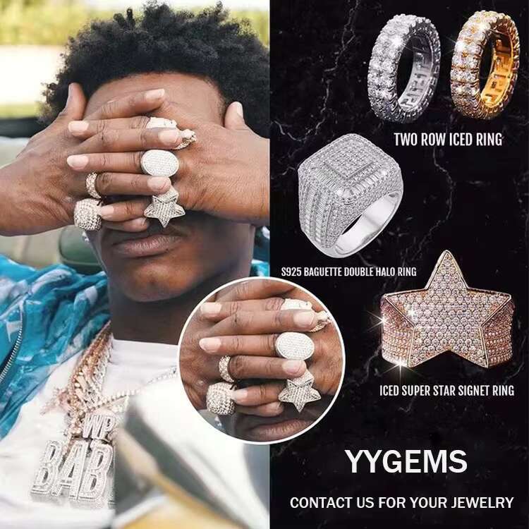 Custom VVS Moissanite Cuban Ring Fine Jewelry S925 Sterling Silver Gold Plated Men Ring Trap House Moissanite Diamond Ring