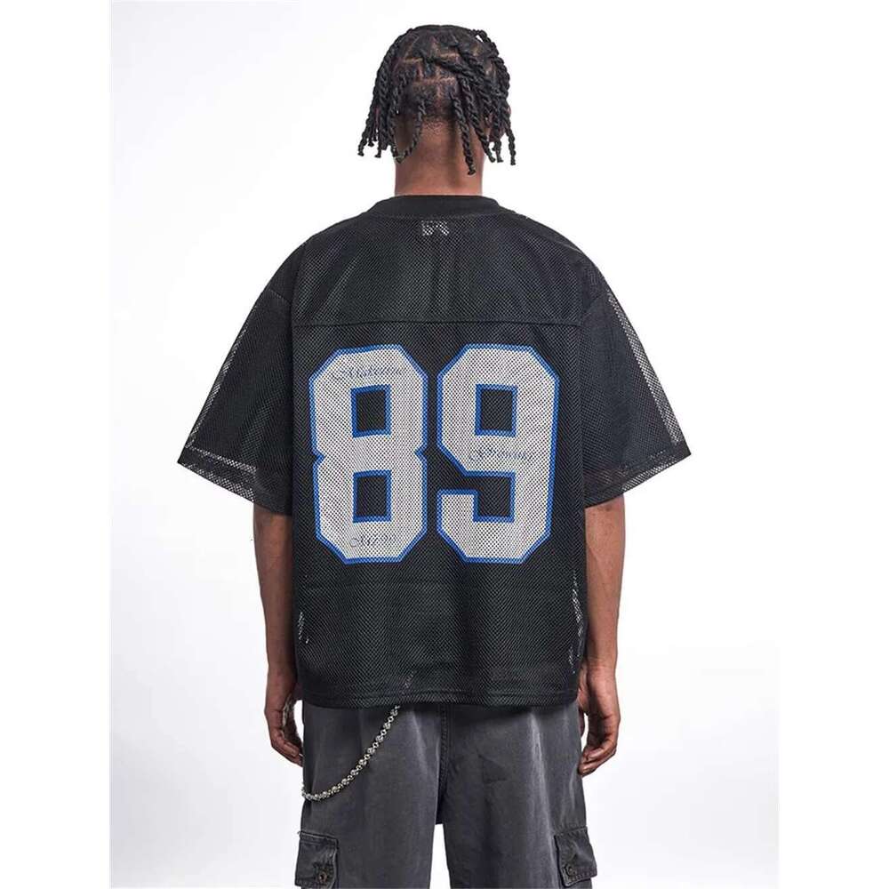 Double-Sided Printed Mesh Short Sleeve T-Shirt Mens Summer High Street Breathable Loose Crew Neck Half-Sleeve Jersey Men Tops