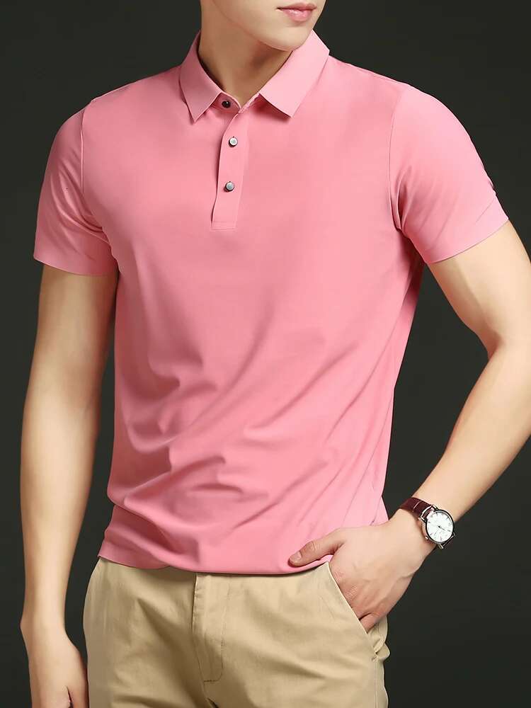 Plus Size M-8xl Mesh Ice Silk Short-Sleeved T-Shirt 2025 Summer Men's Shirt 7xl 6xl Orange Red Solid Color Slip High-End Polos