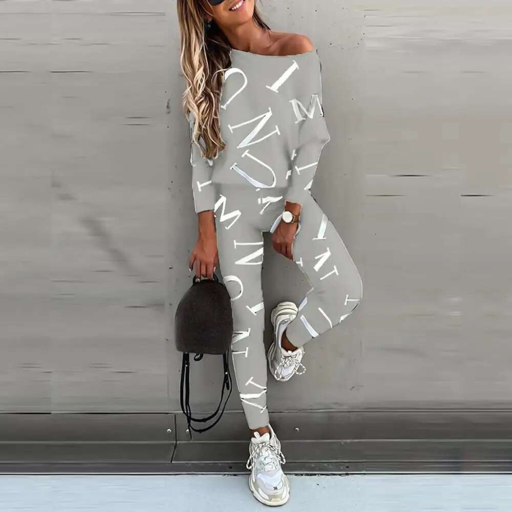 Casual Sweatsuit Two Pieces Set Off Shoulder Women Spring Letters Outfit Sports Suit Skin-friendly